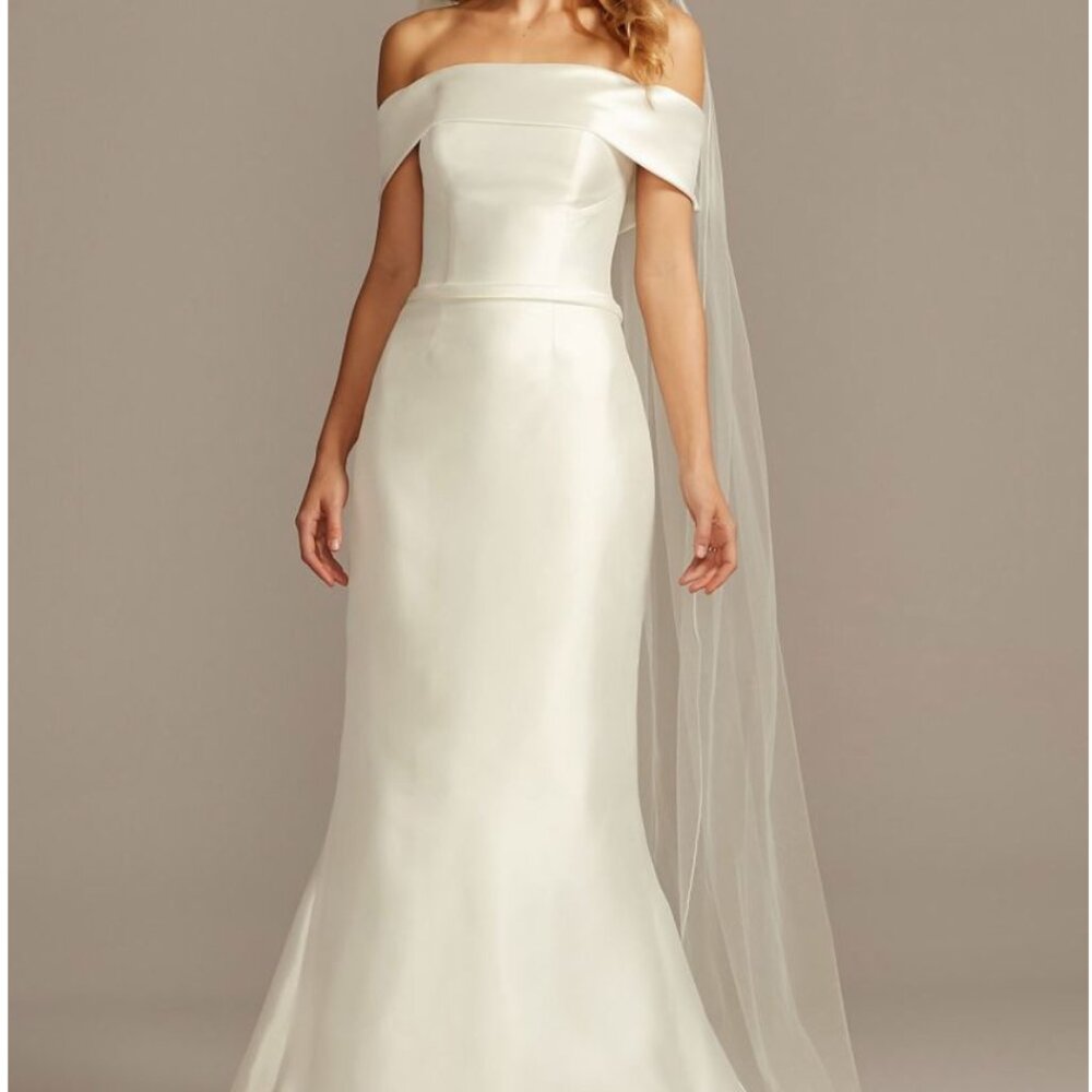 Off-the-Shoulder Mikado Trumpet Wedding Dress (size 8) by David's Bridal Collect